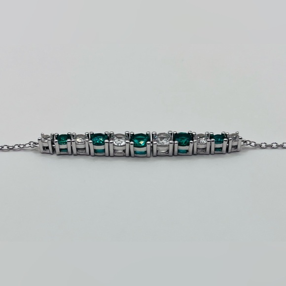 Lab Green Emerald and White Sapphire Bar Silver Necklace - Picture 5 of 8